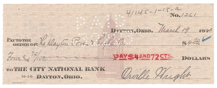 Orville Wright Handwritten and Signed City National Bank Check (PSA/DNA 9 MINT)